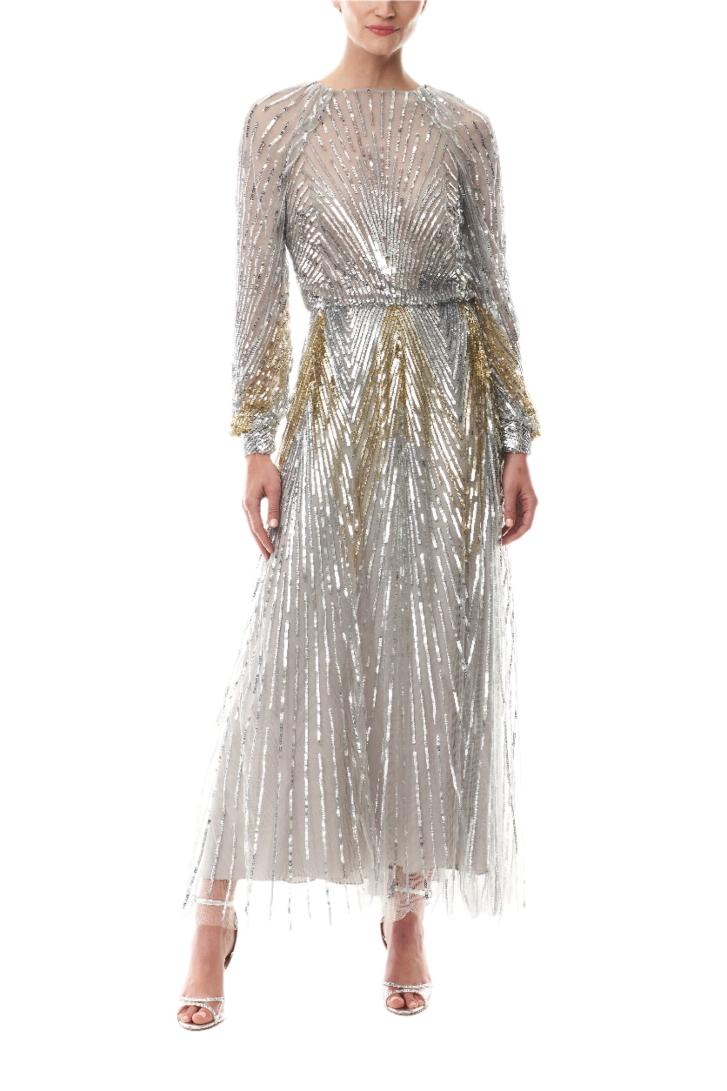 ong sleeve midi dress in silver & gold sequin embroidery with semi-sheer bodice - front.