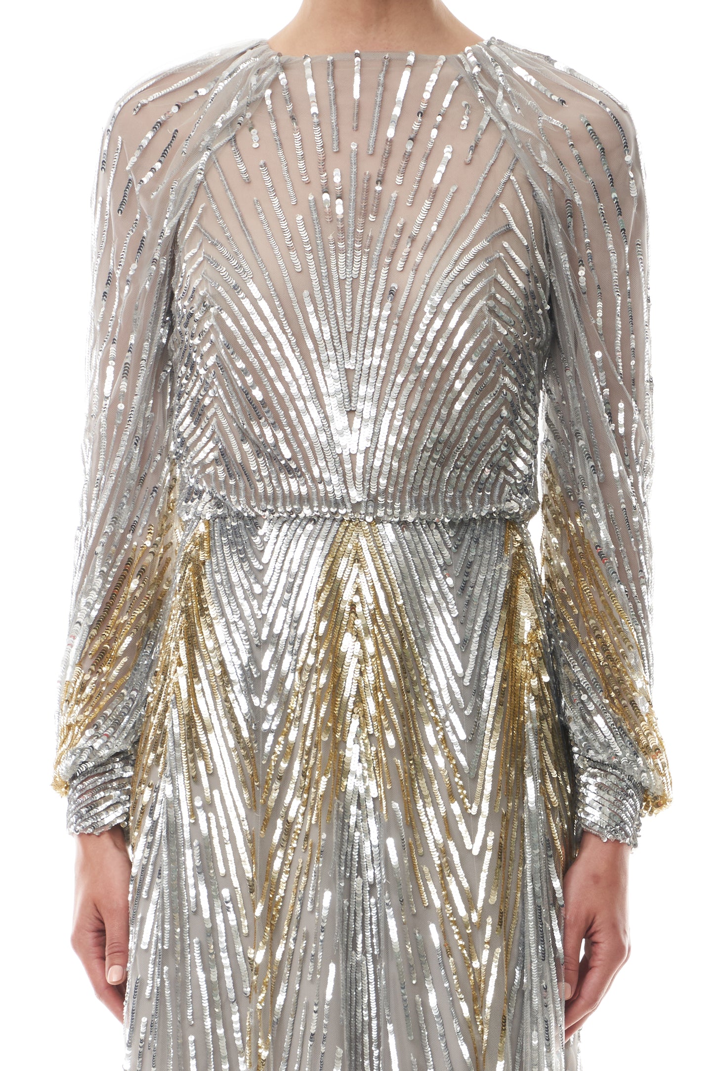 Long sleeve midi dress in silver & gold sequin embroidery with semi-sheer bodice - fabric.