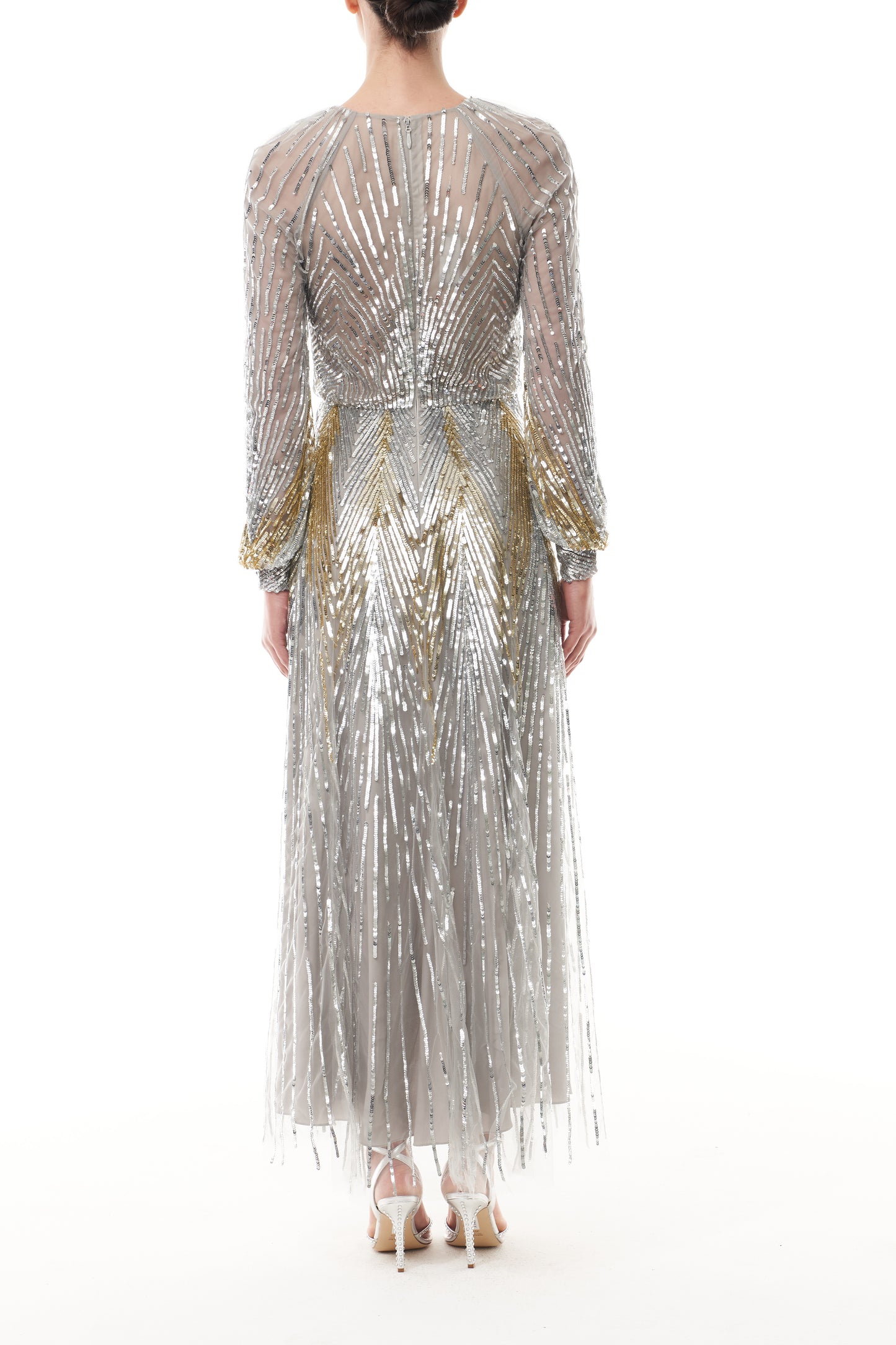 Long sleeve midi dress in silver & gold sequin embroidery with semi-sheer bodice - back.