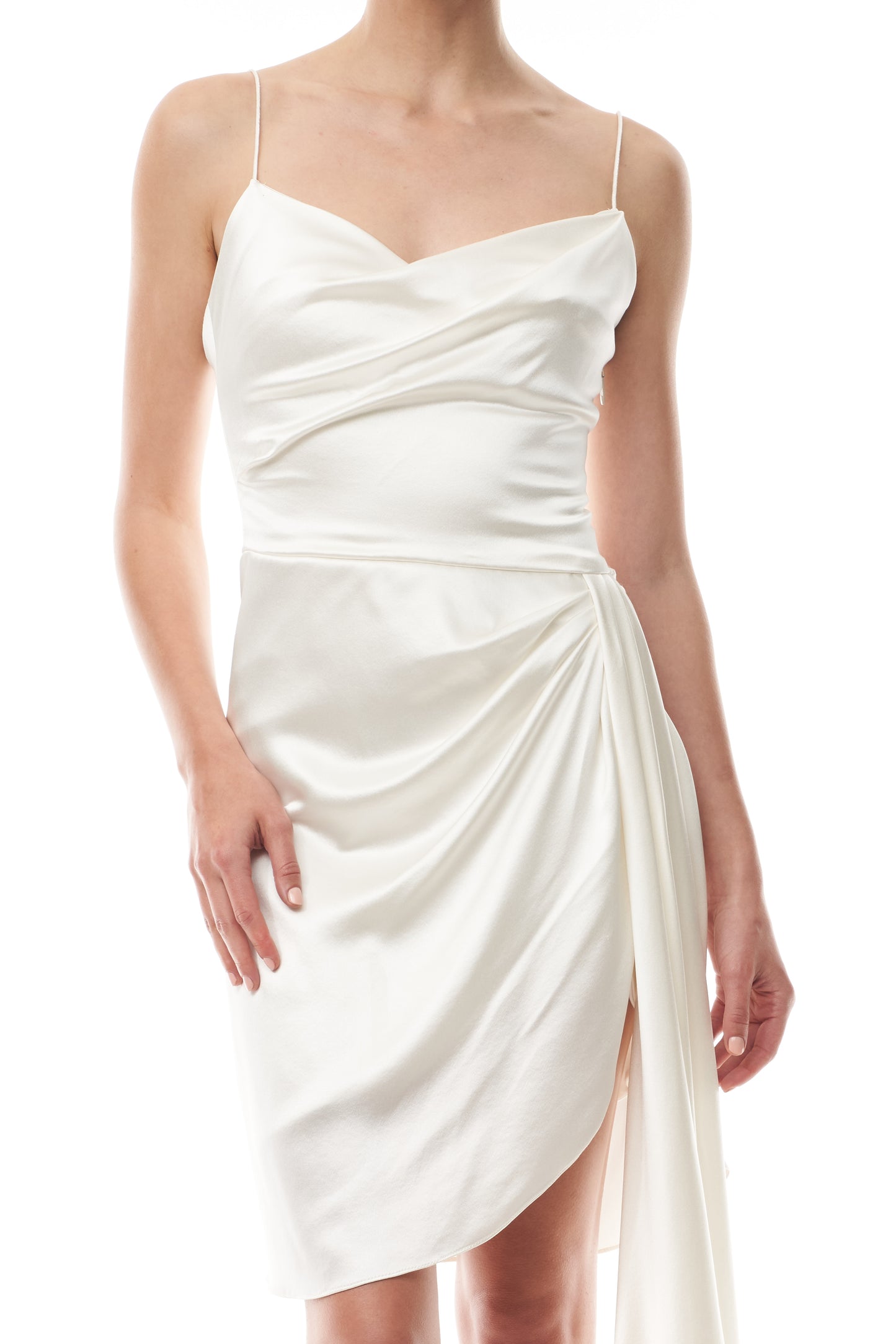 Silk white satin mini dress with asymmetric hem, side sweeping train and spaghetti straps - front crop.