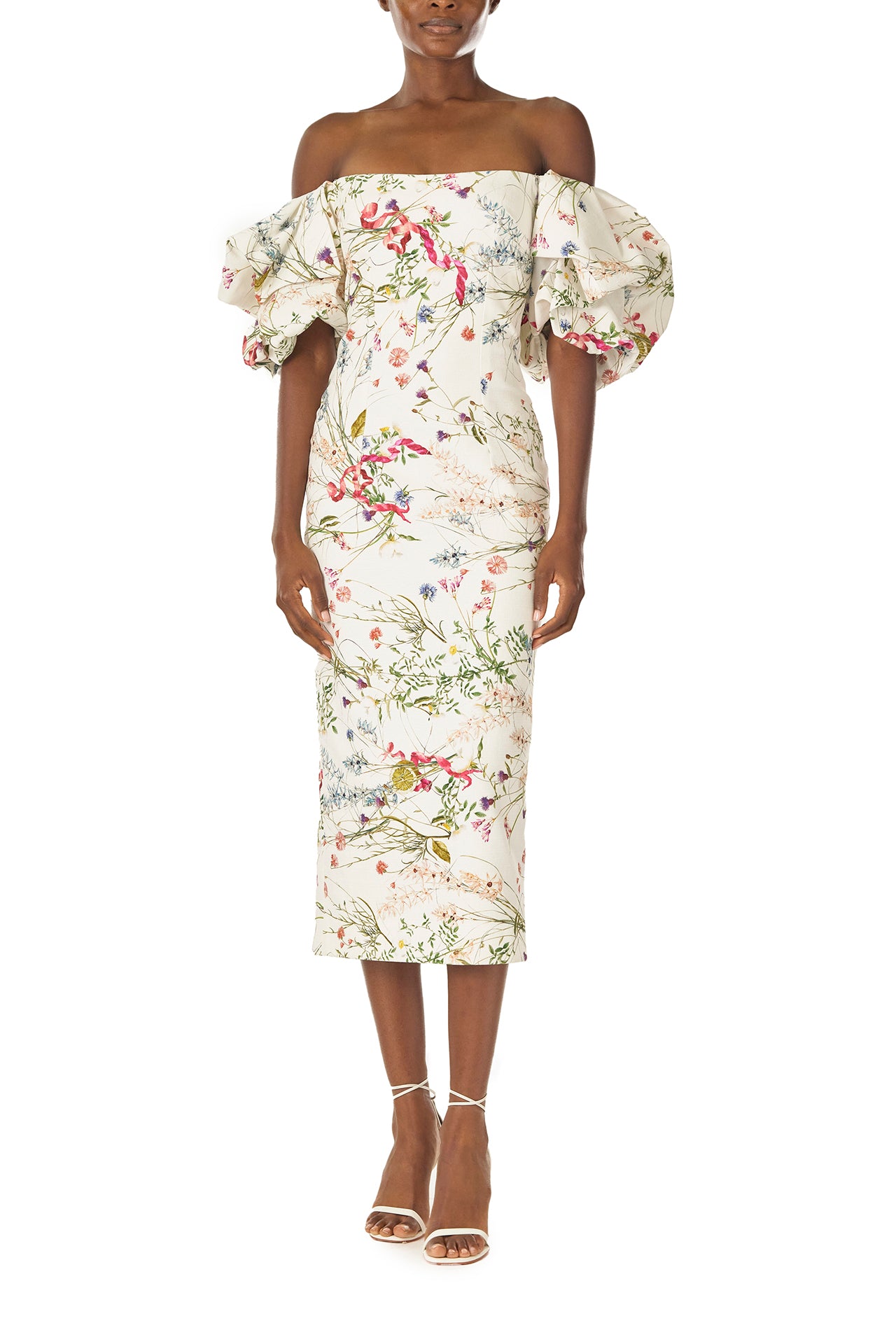 Monique Lhuillier Tea-length column dress with off-the-shoulder puff sleeves in floral printed Silk White linen - front.