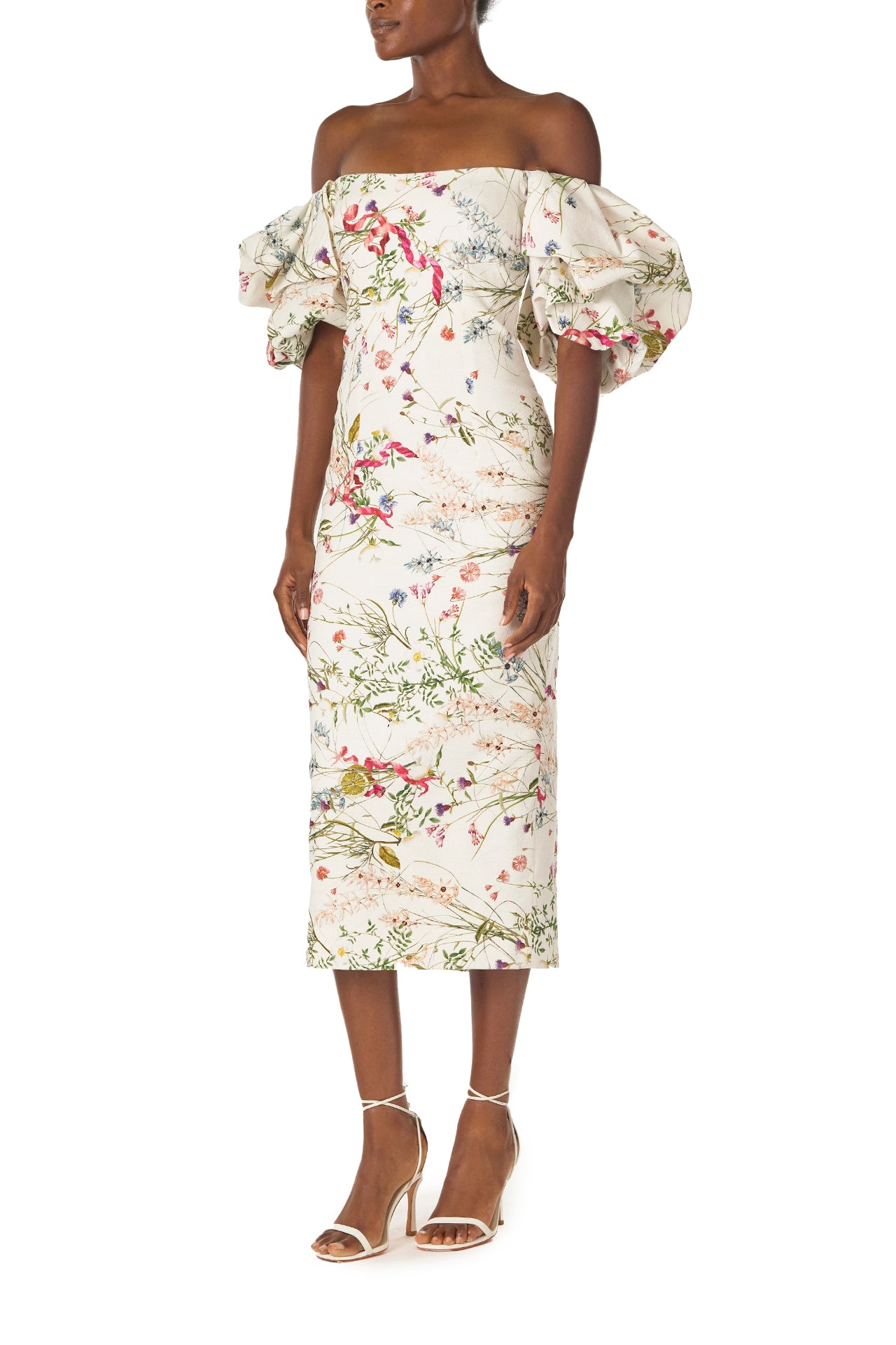 Monique Lhuillier Tea-length column dress with off-the-shoulder puff sleeves in floral printed Silk White linen - right side.