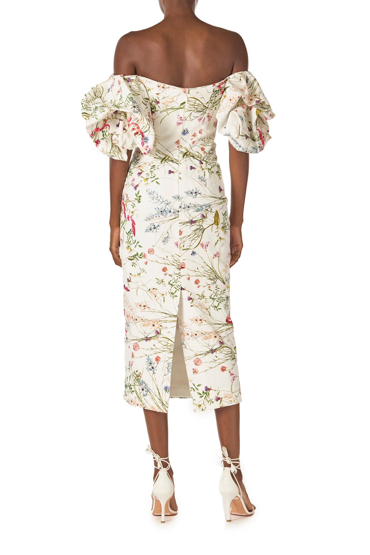 Monique Lhuillier Tea-length column dress with off-the-shoulder puff sleeves in floral printed Silk White linen - back.