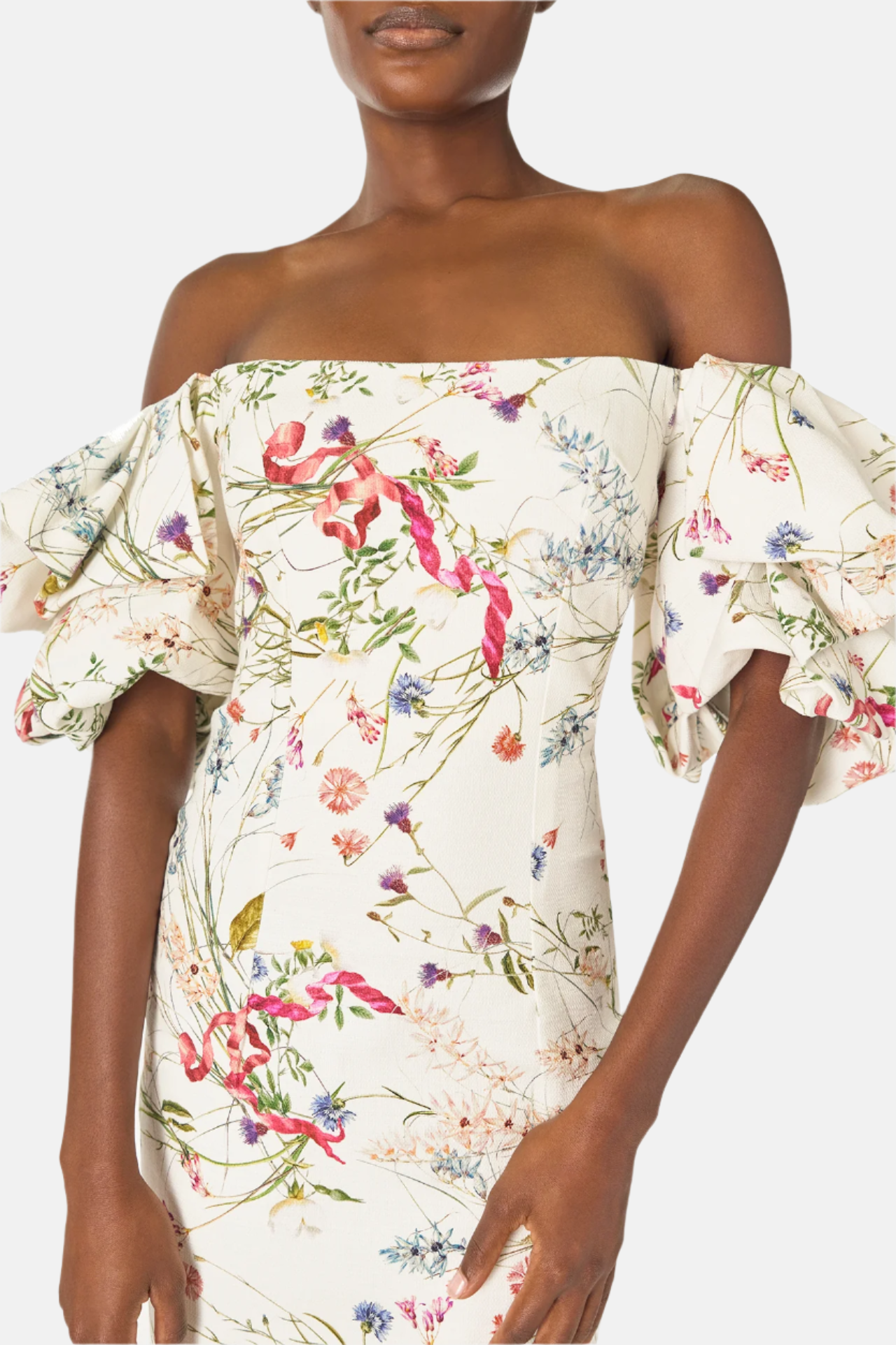 Monique Lhuillier Tea-length column dress with off-the-shoulder puff sleeves in floral printed Silk White linen - neckline.
