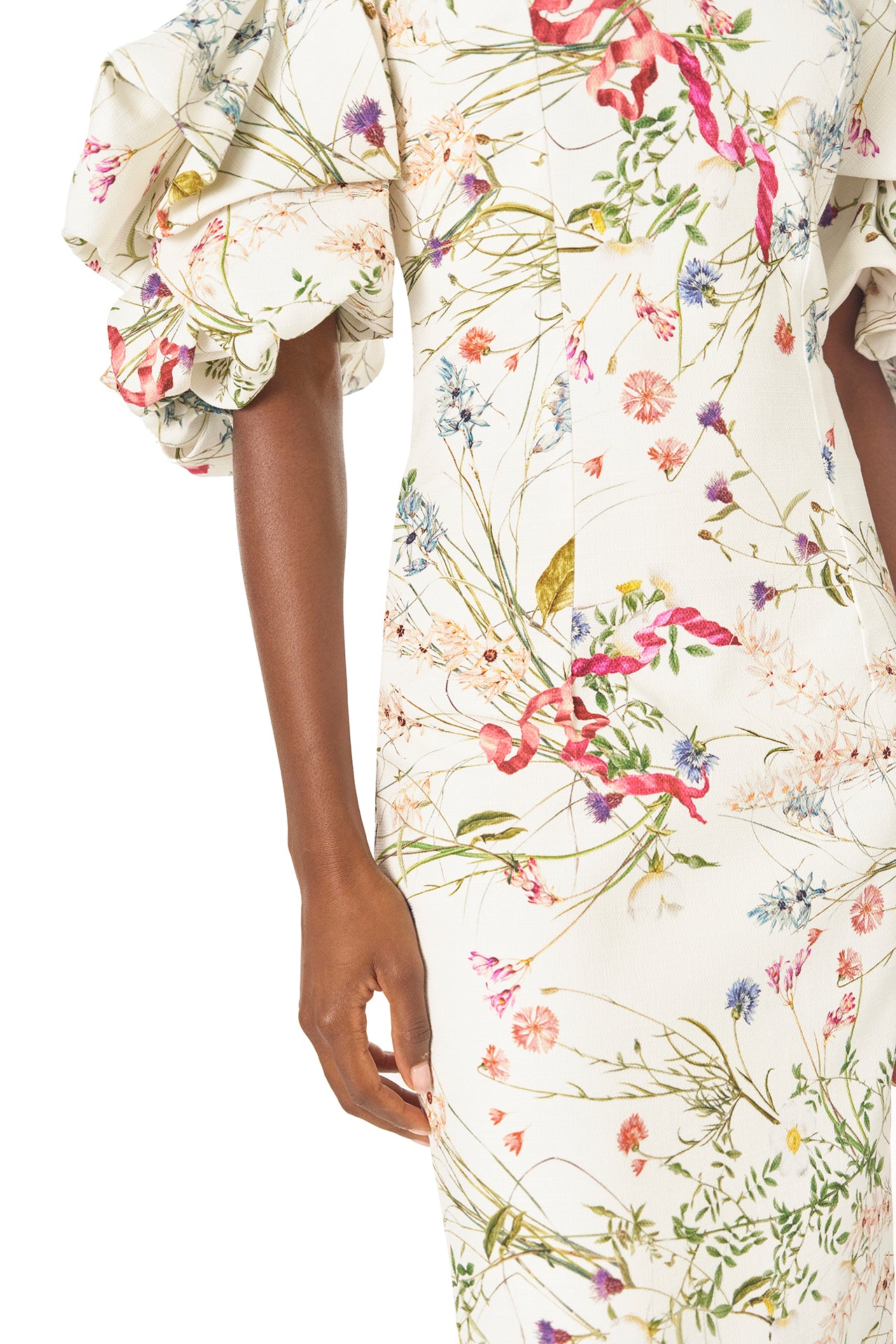 Monique Lhuillier Tea-length column dress with off-the-shoulder puff sleeves in floral printed Silk White linen - fabric.