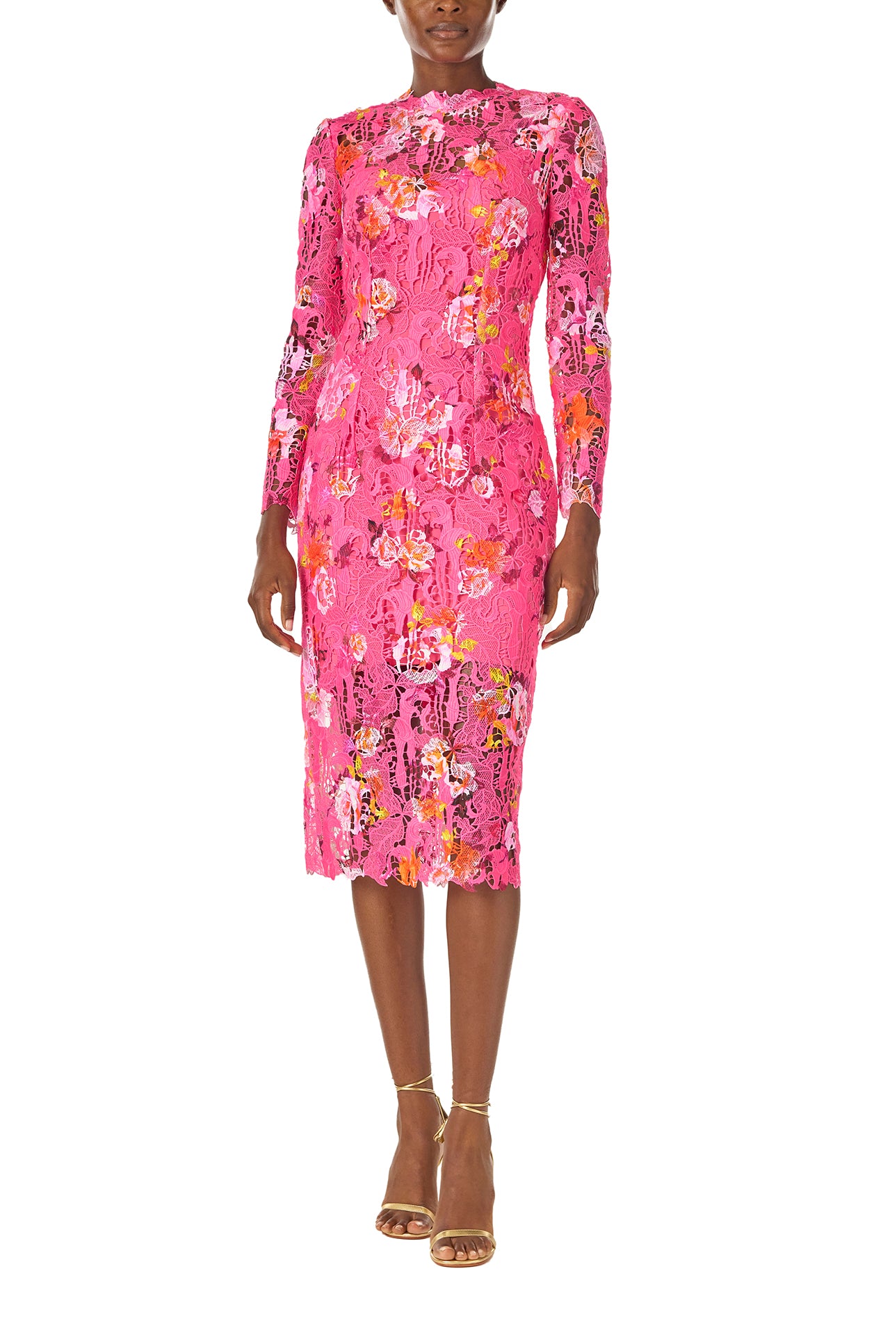 Monique Lhuillier Long sleeve, fuchsia silk white printed lace sheath dress with jewel neckline and detached mini slip lining - front.