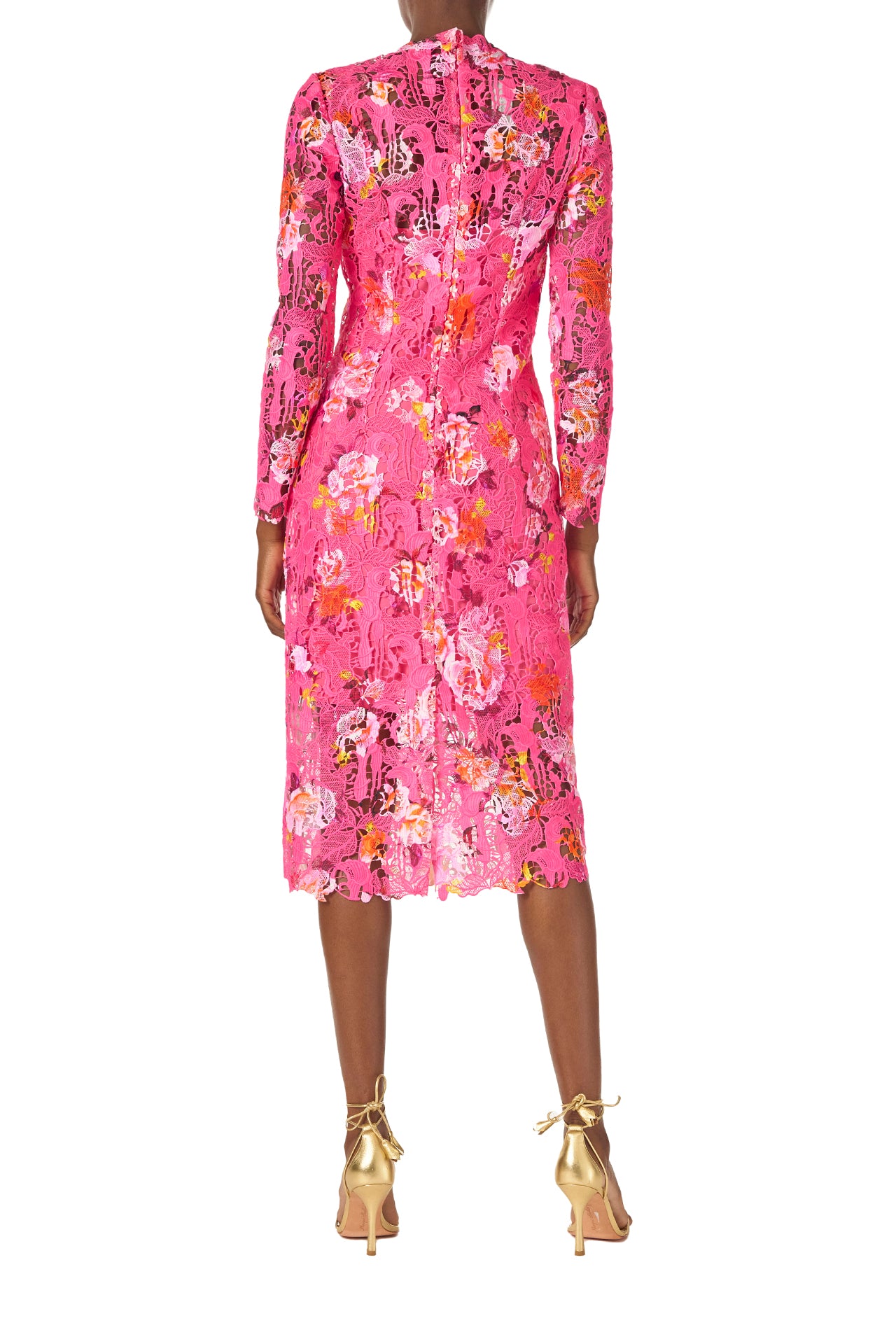 Monique Lhuillier Long sleeve, fuchsia silk white printed lace sheath dress with jewel neckline and detached mini slip lining - back.