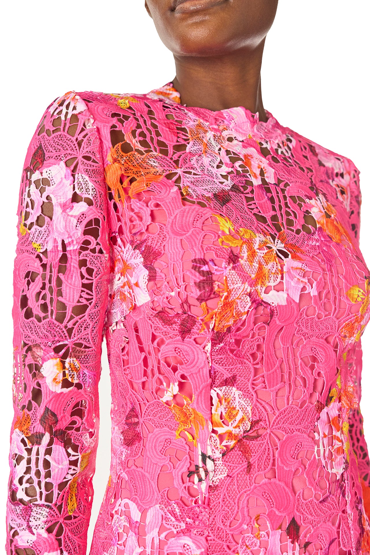 Monique Lhuillier Long sleeve, fuchsia silk white printed lace sheath dress with jewel neckline and detached mini slip lining - fabric.