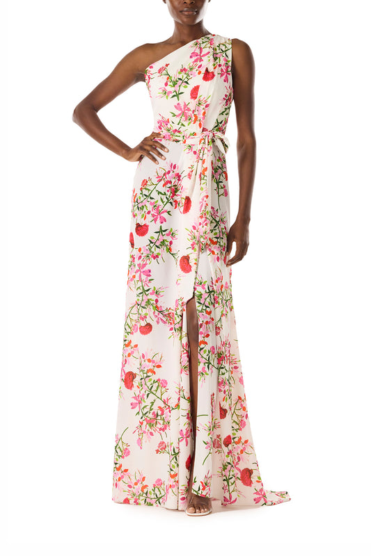 Monique Lhuillier One shoulder draped gown with self-tie belt and high front slit in Silk White Fuchsia floral printed crepe - front.
