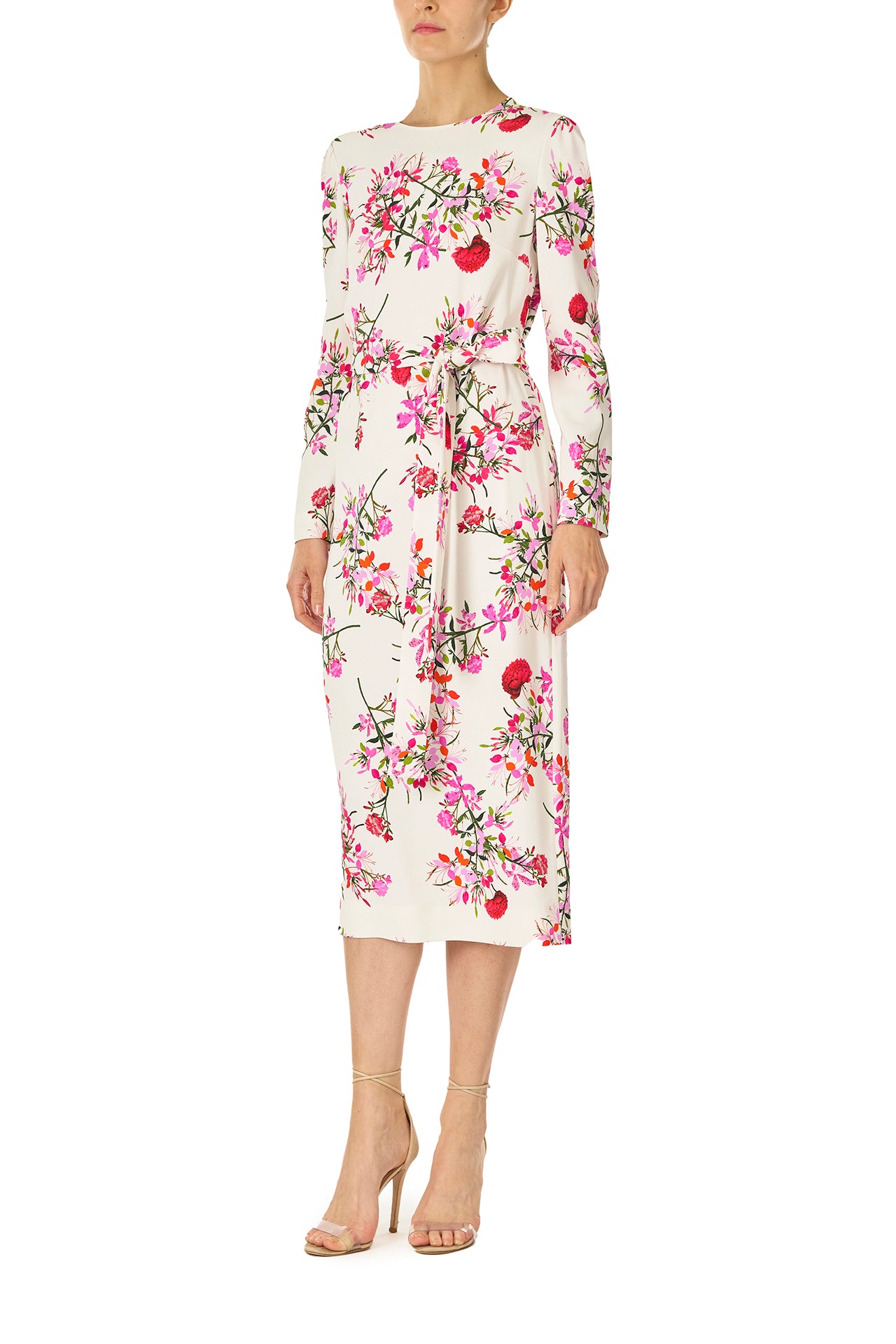 Monique Lhuillier jewel neckline dress with long sleeves and detachable, self-tie belt in silk white fuchsia floral print - side.