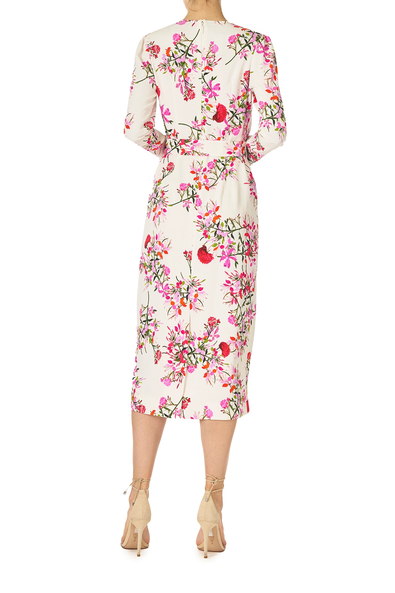 Monique Lhuillier jewel neckline dress with long sleeves and detachable, self-tie belt in silk white fuchsia floral print - back.