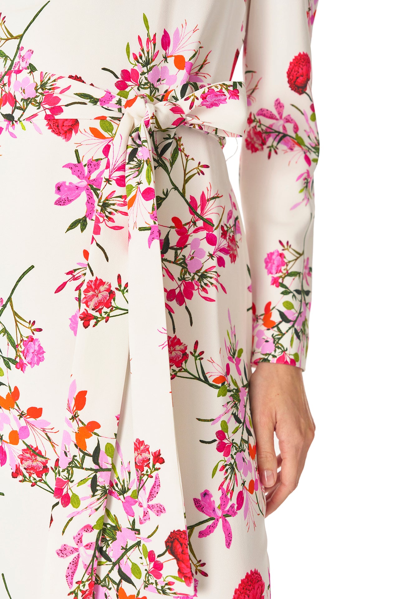 Monique Lhuillier jewel neckline dress with long sleeves and detachable, self-tie belt in silk white fuchsia floral print - belt.