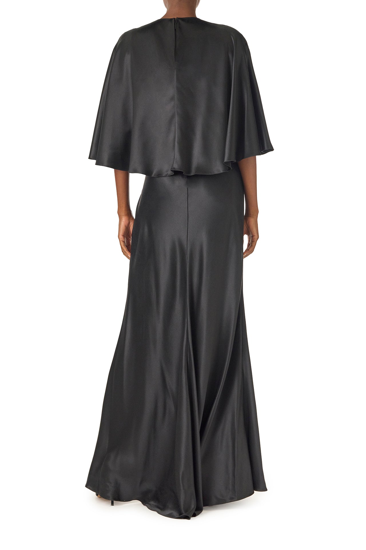 Monique Lhuillier deep V-Neck draped gown with attached capelet and high leg slit in black crepe back satin - back.