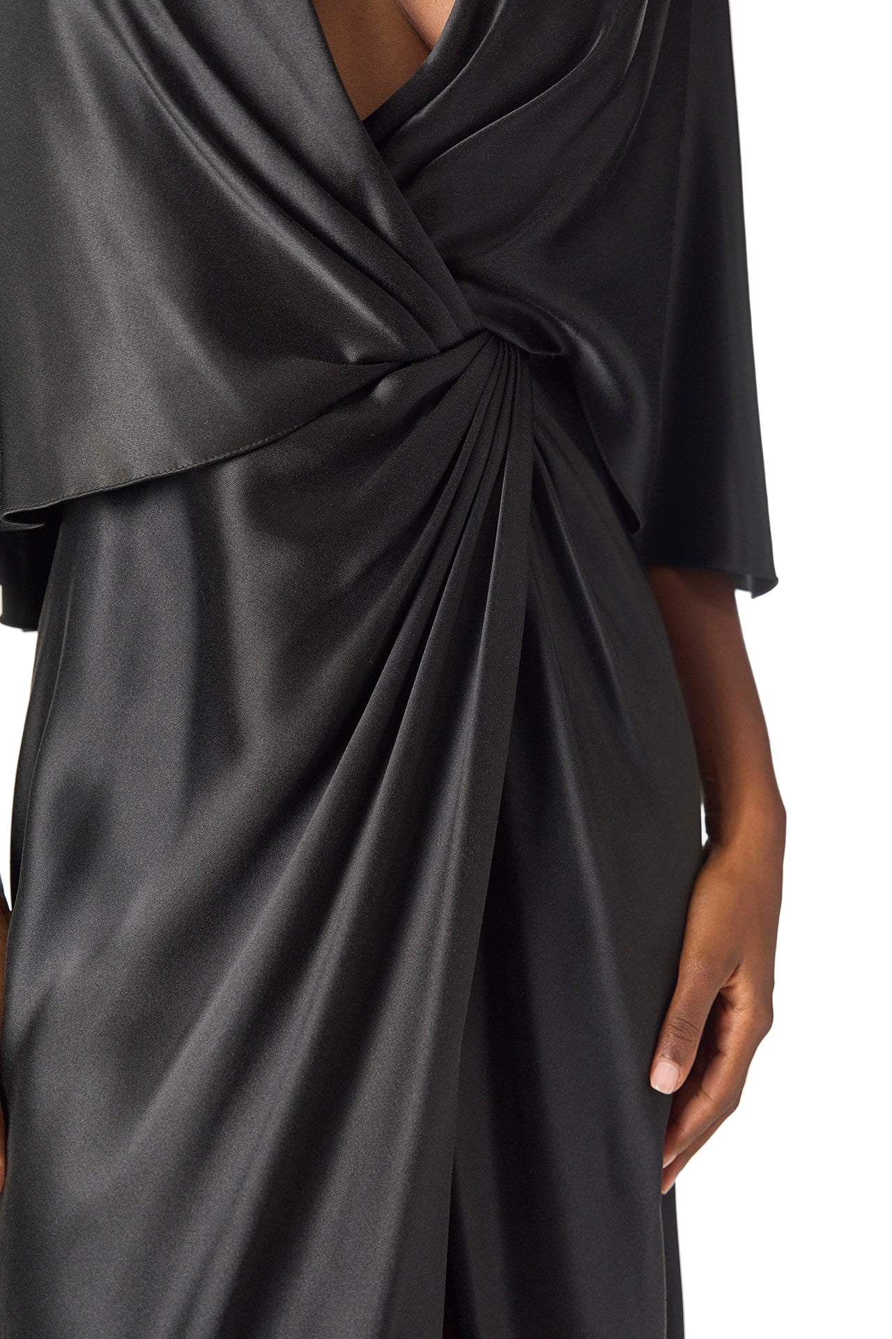 Monique Lhuillier deep V-Neck draped gown with attached capelet and high leg slit in black crepe back satin - draping.