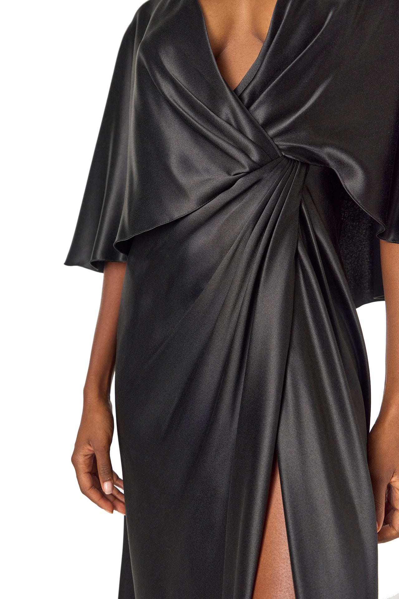 Monique Lhuillier deep V-Neck draped gown with attached capelet and high leg slit in black crepe back satin - draped detailing.