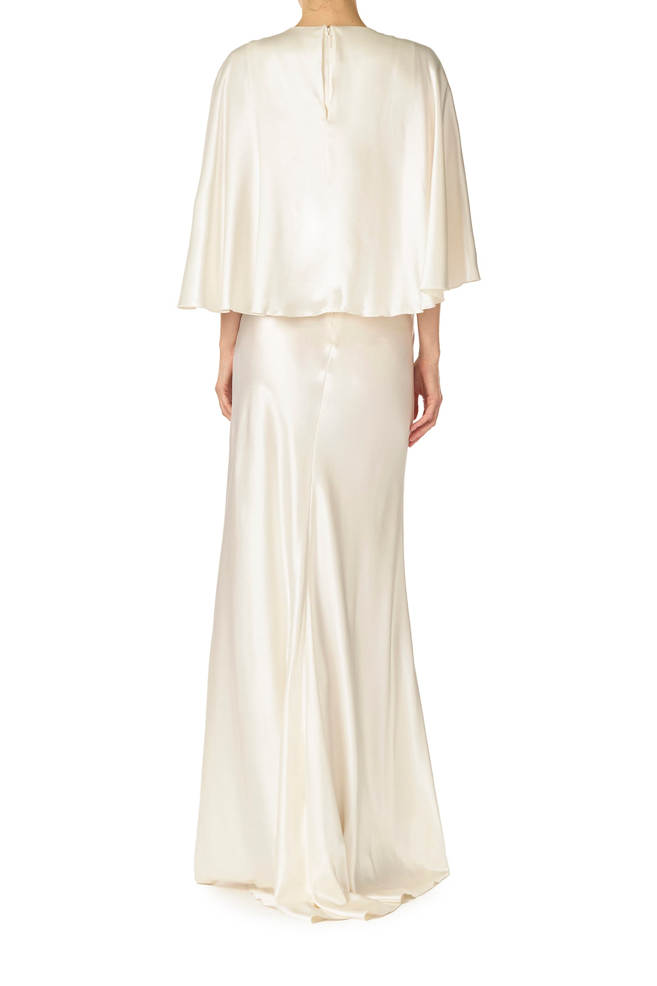 Monique Lhuillier deep V-Neck draped gown with attached capelet and high leg slit in silk white crepe back satin - back.