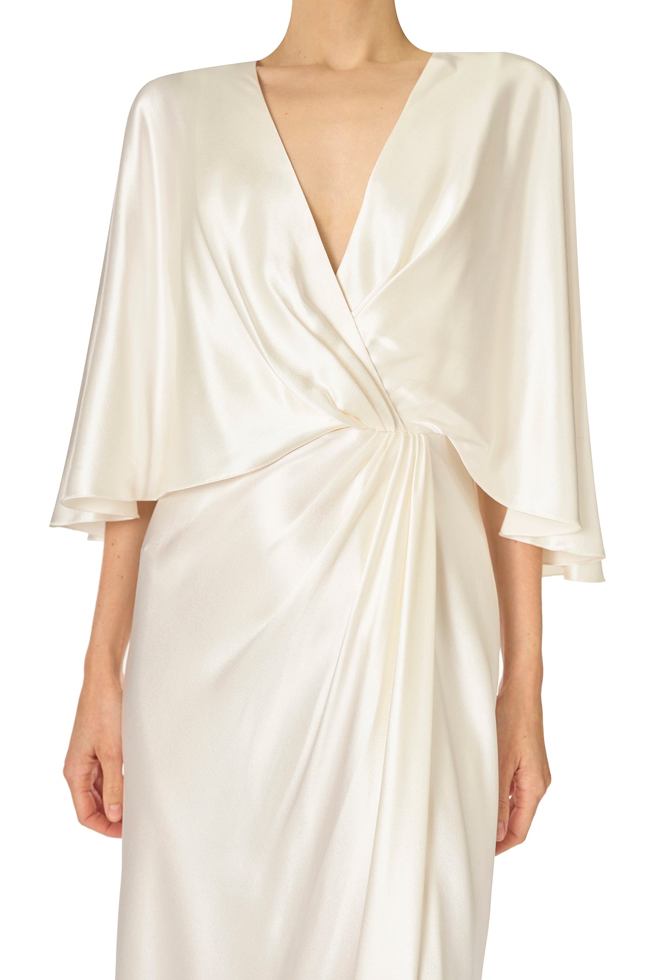 Monique Lhuillier deep V-Neck draped gown with attached capelet and high leg slit in silk white crepe back satin - draping.