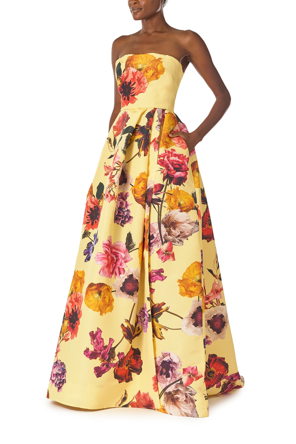 Monique Lhuillier Fall 2024 strapless ball gown with pleated waist and high side slit in soleil floral fabric - side with pocket.