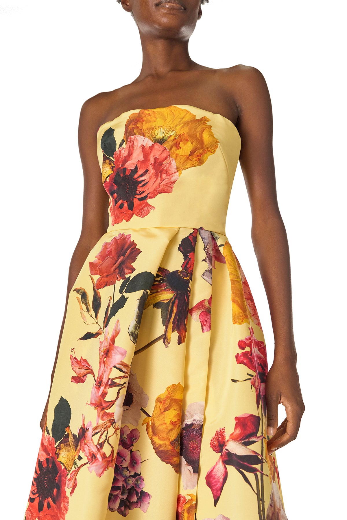 Monique Lhuillier Fall 2024 strapless ball gown with pleated waist and high side slit in soleil floral fabric - neckline.