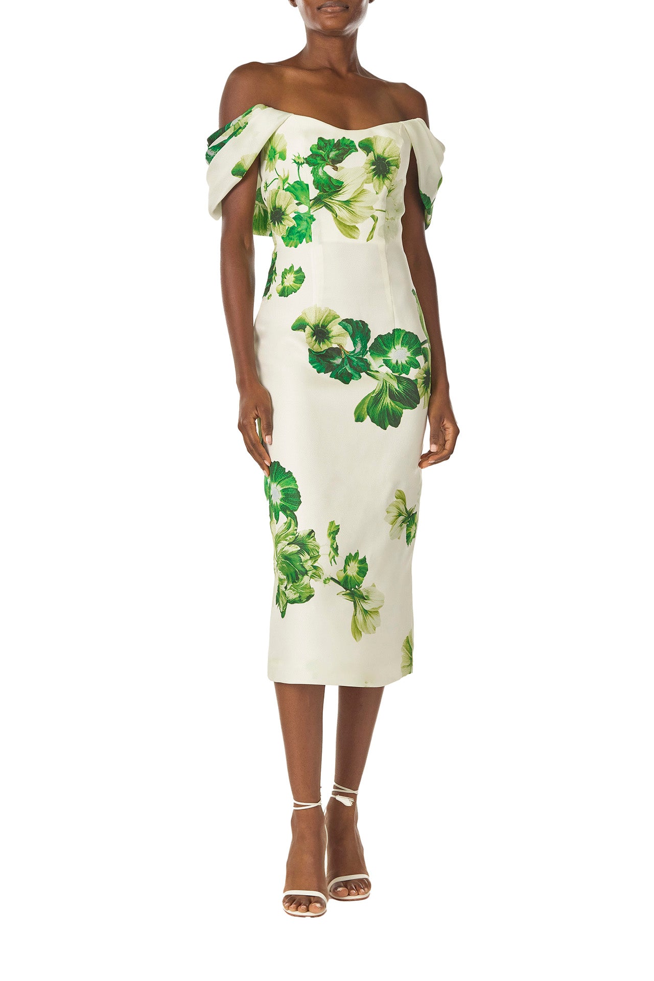 Monique Lhuillier Spring 2023 Draped, off-the-shoulder cocktail dress in Silk White/Green printed floral gazar fabric - front.