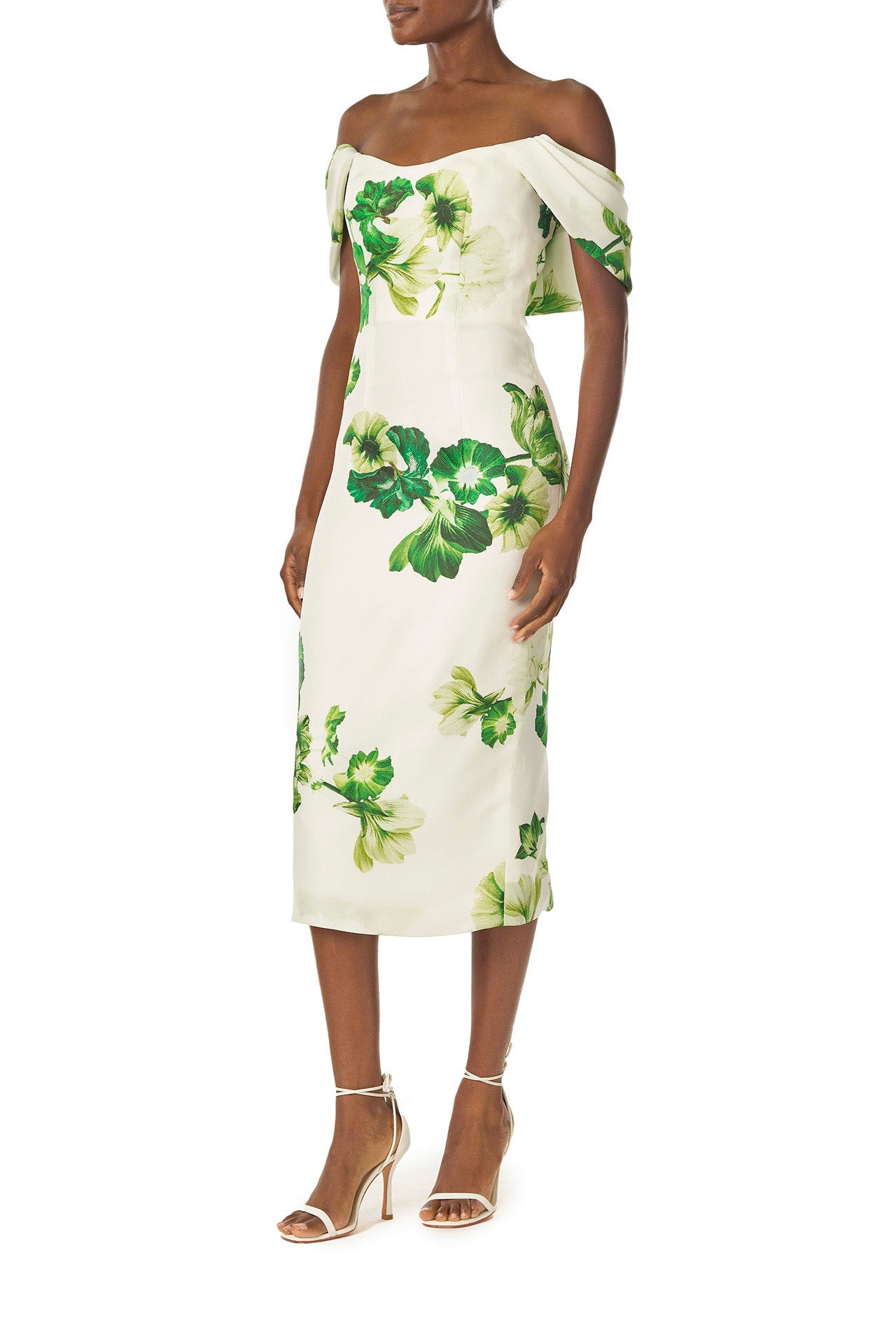 Monique Lhuillier Spring 2023 Draped, off-the-shoulder cocktail dress in Silk White/Green printed floral gazar fabric - left side.