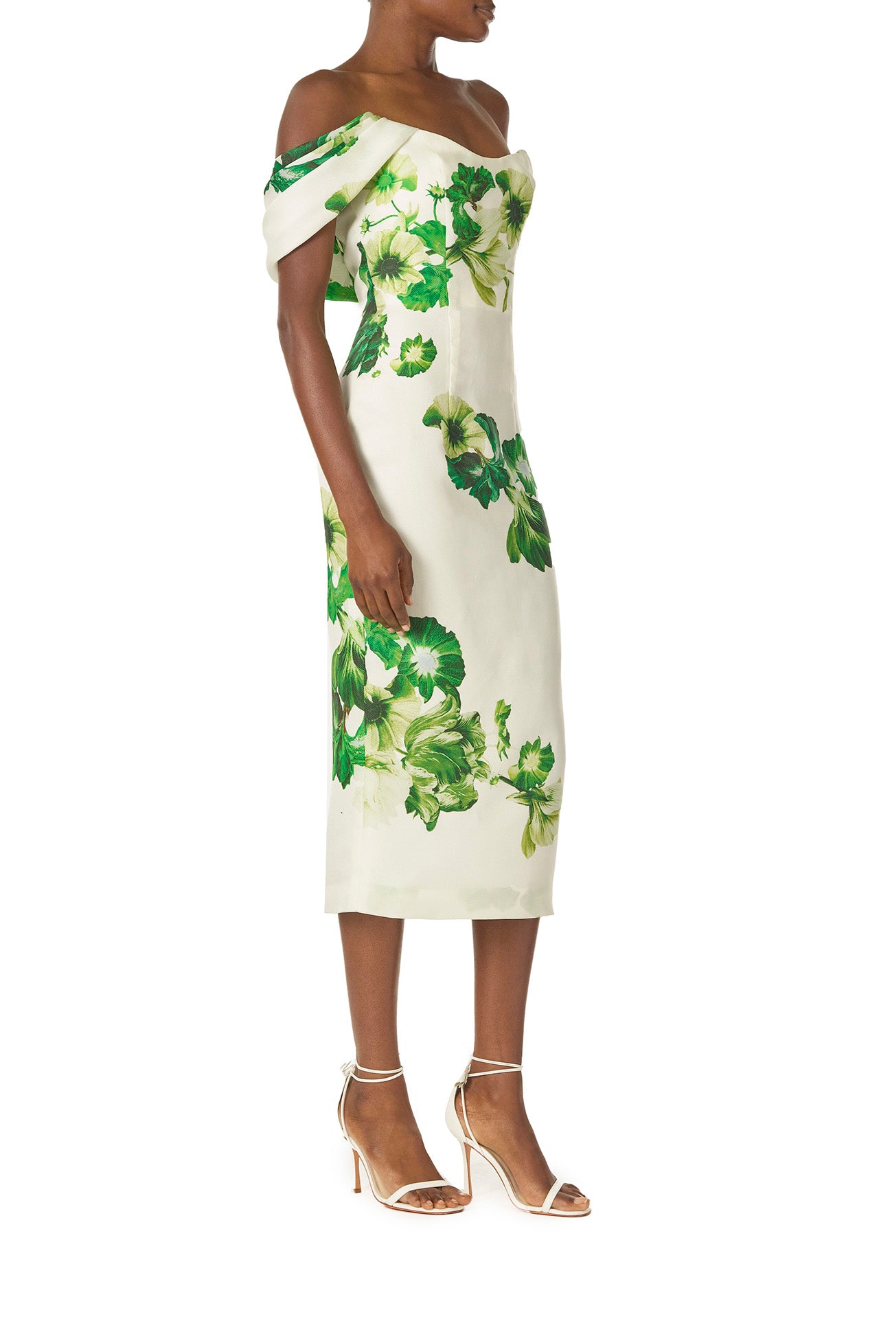 Monique Lhuillier Spring 2023 Draped, off-the-shoulder cocktail dress in Silk White/Green printed floral gazar fabric - right side.