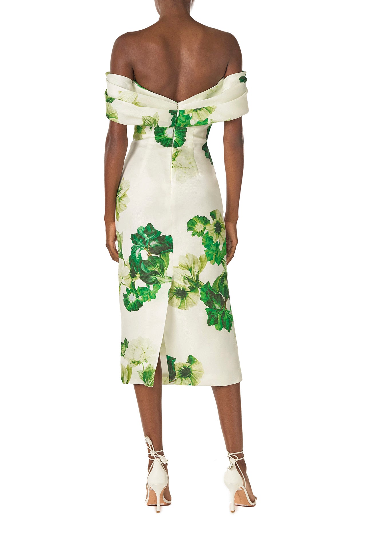 Monique Lhuillier Spring 2023 Draped, off-the-shoulder cocktail dress in Silk White/Green printed floral gazar fabric - back.