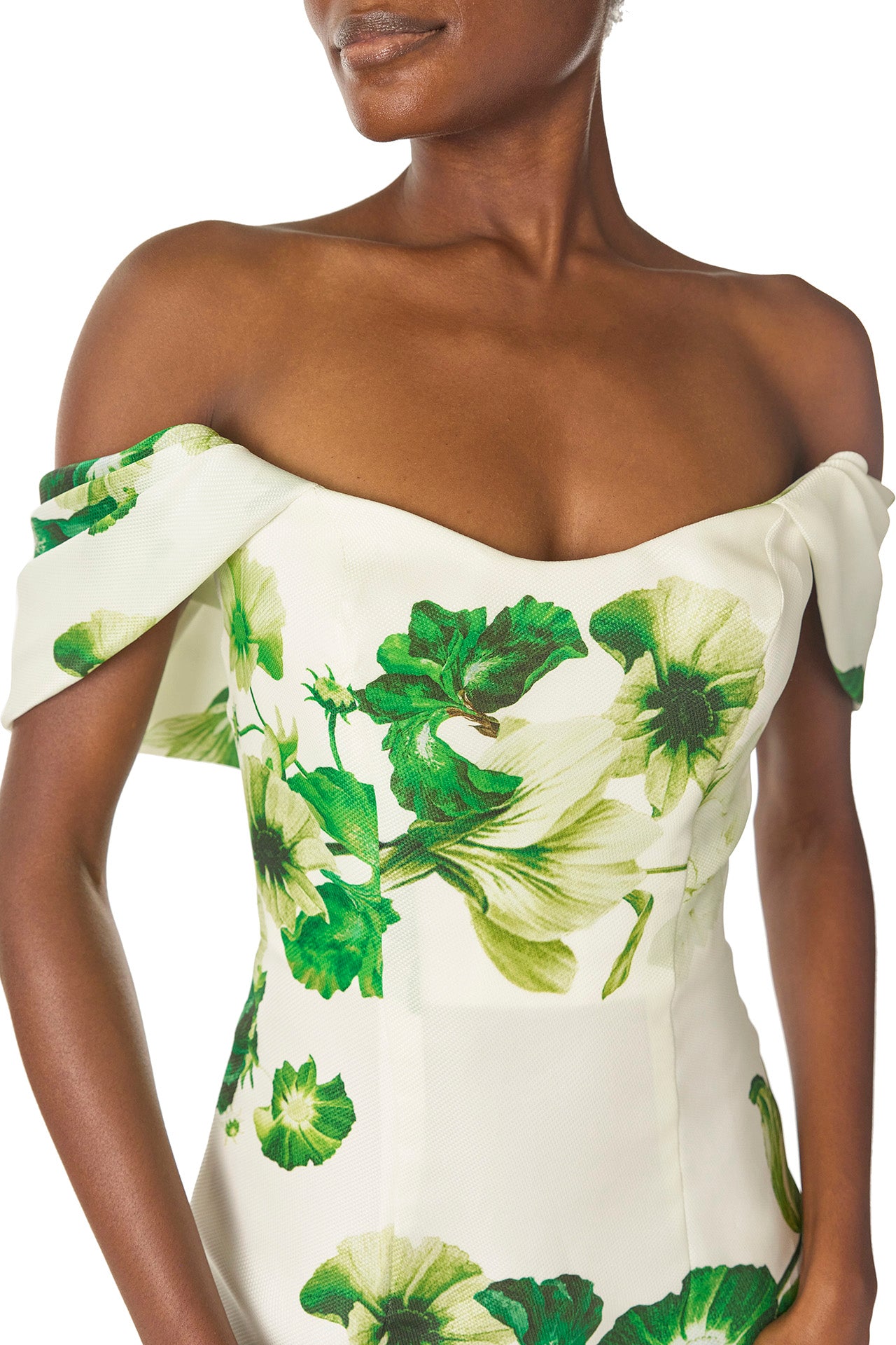 Monique Lhuillier Spring 2023 Draped, off-the-shoulder cocktail dress in Silk White/Green printed floral gazar fabric - neckline.