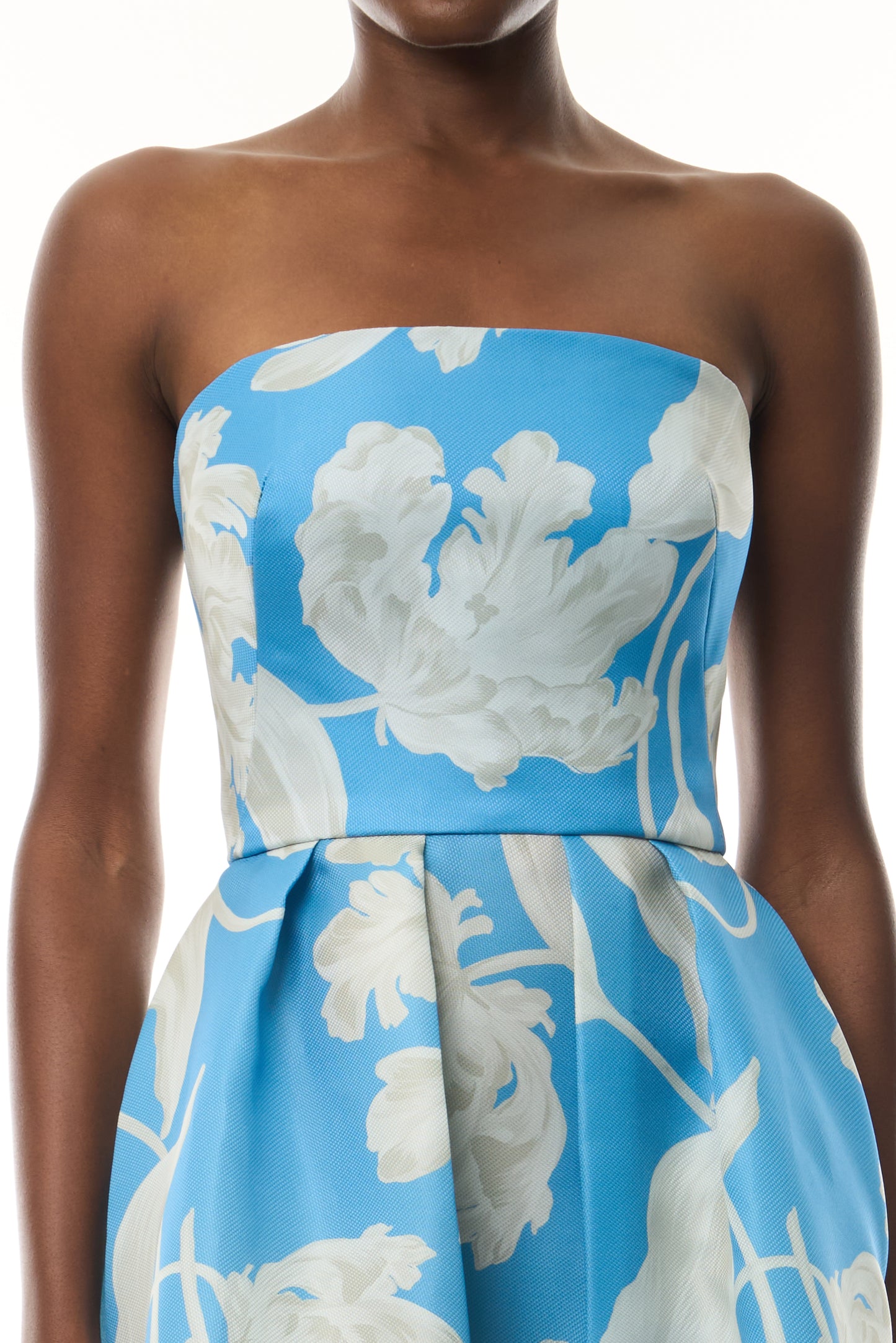 Monique Lhuillier Spring 2023 Bluebelle/Multi Floral Printed Pique Gazar strapless full skirt midi dress with pockets - fabric.