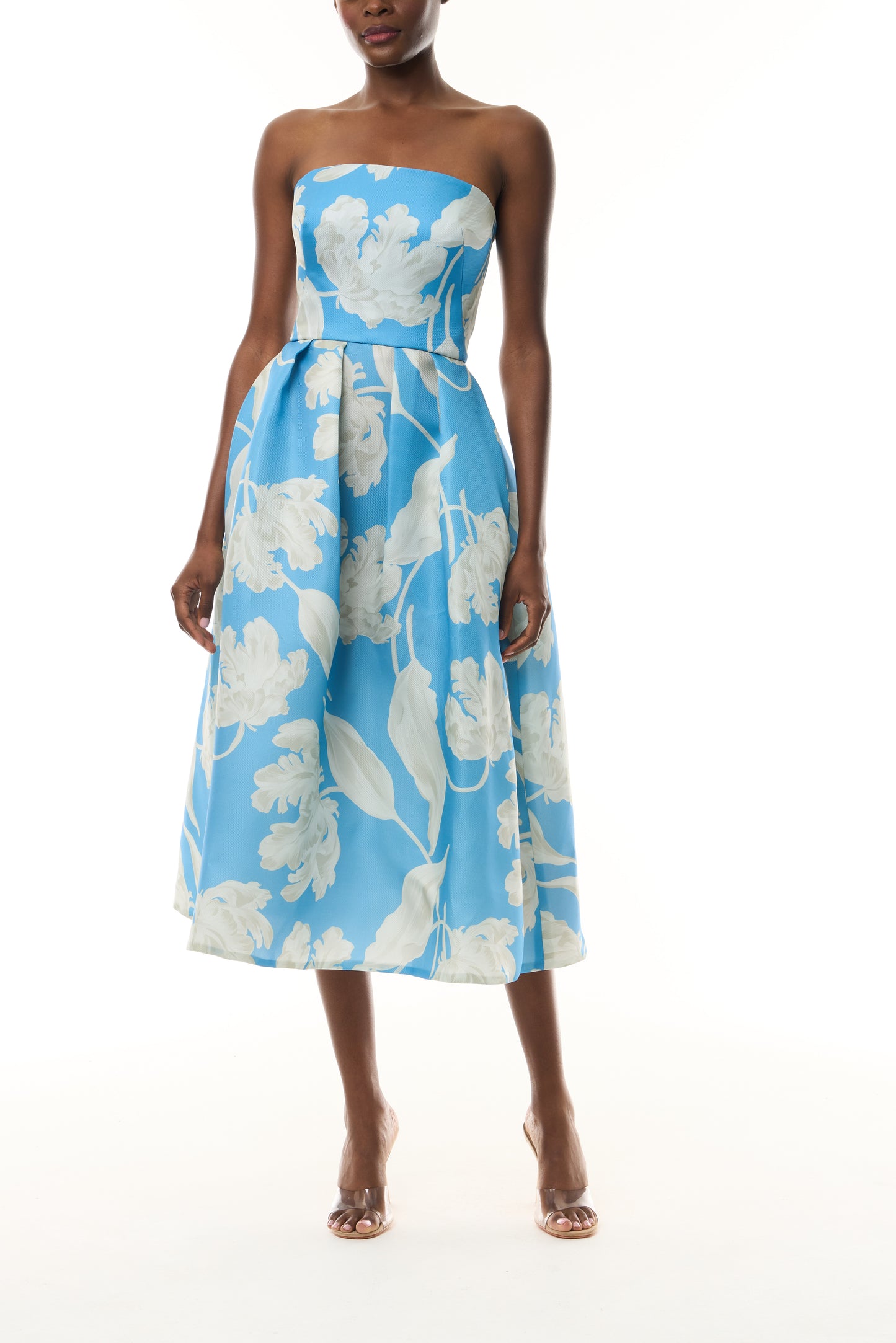 Monique Lhuillier Spring 2023 Bluebelle/Multi Floral Printed Pique Gazar strapless full skirt midi dress with pockets - front.