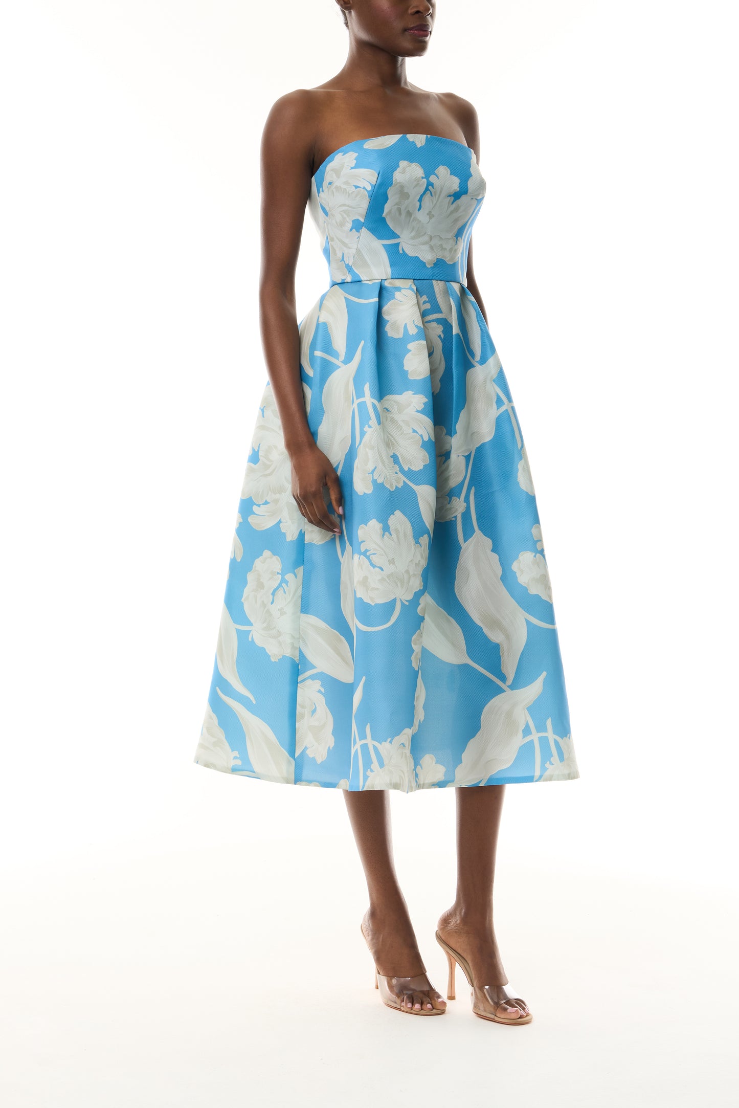 Monique Lhuillier Spring 2023 Bluebelle/Multi Floral Printed Pique Gazar strapless full skirt midi dress with pockets - side.