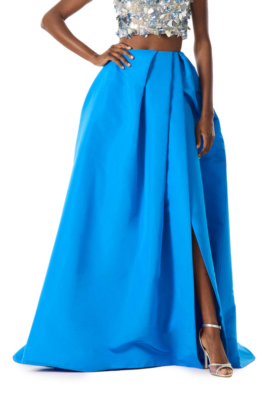 Monique Lhuillier cobalt blue silk faille ballgown skirt with pockets and high slit.  Shown with a silver embroidered crop top - front.