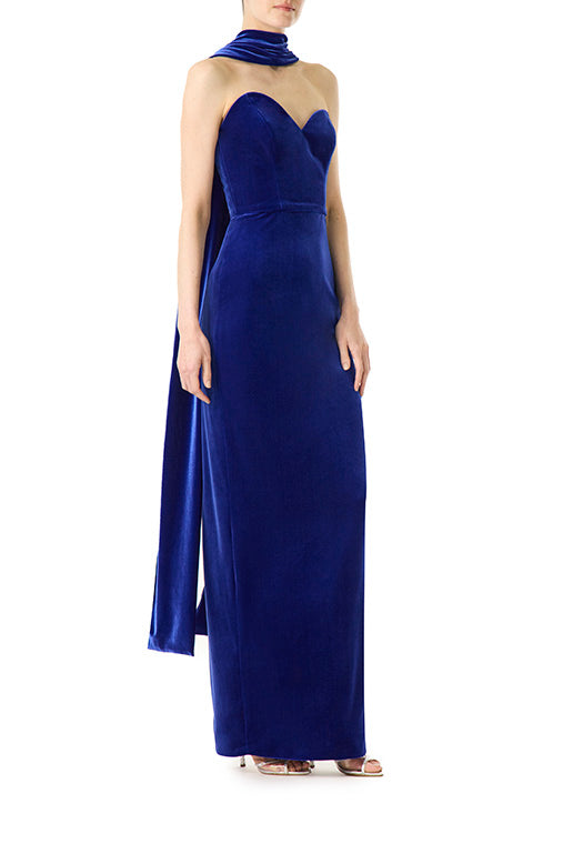 Monique Lhuillier strapless gown in navy velour fabric with asymmetrical sweetheart neckline and detached neck scarf.