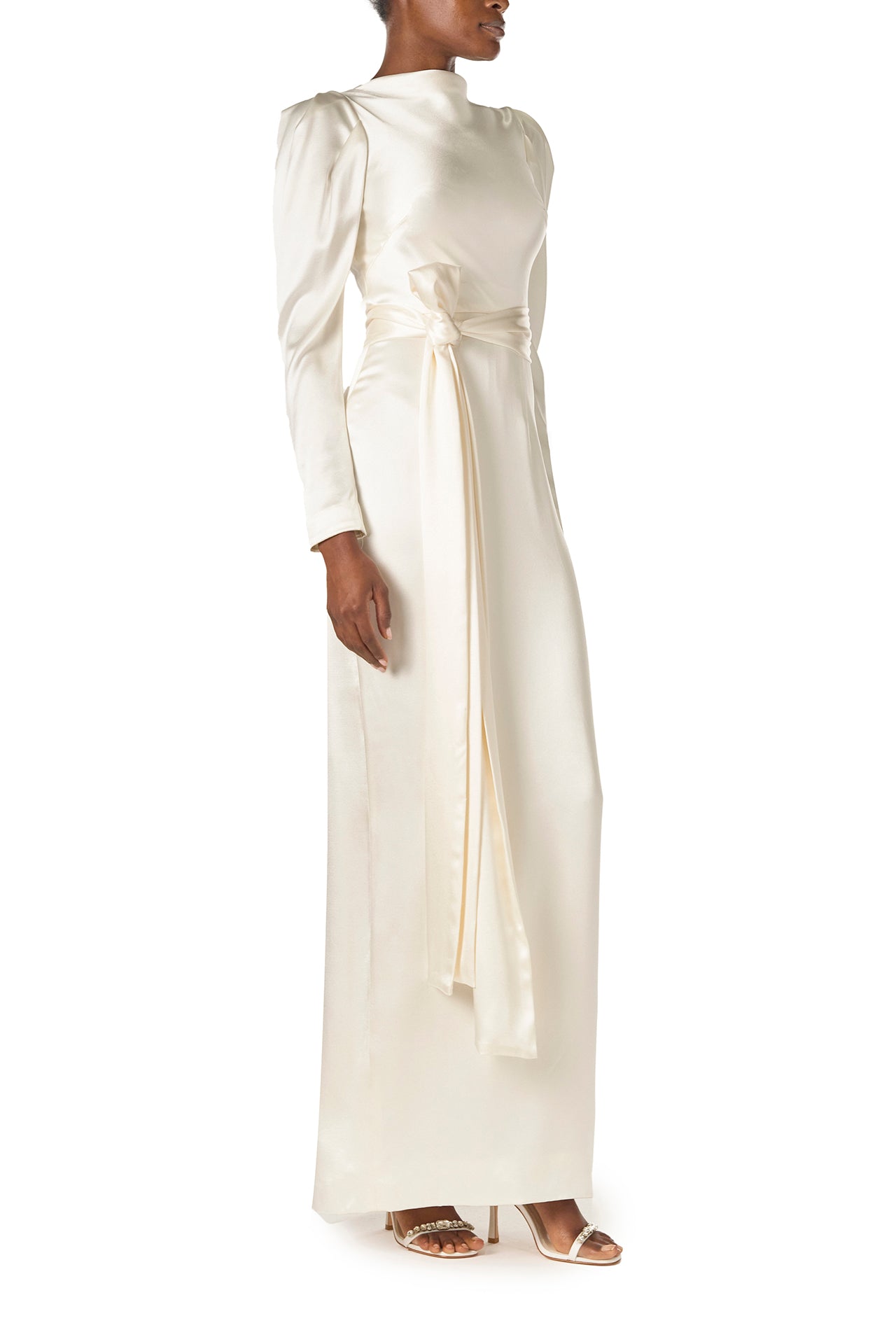 Monique Lhuillier Fall 2024 Long sleeve silk white satin gown with Bateau neckline, V-back and detached self-tie sash - right side.