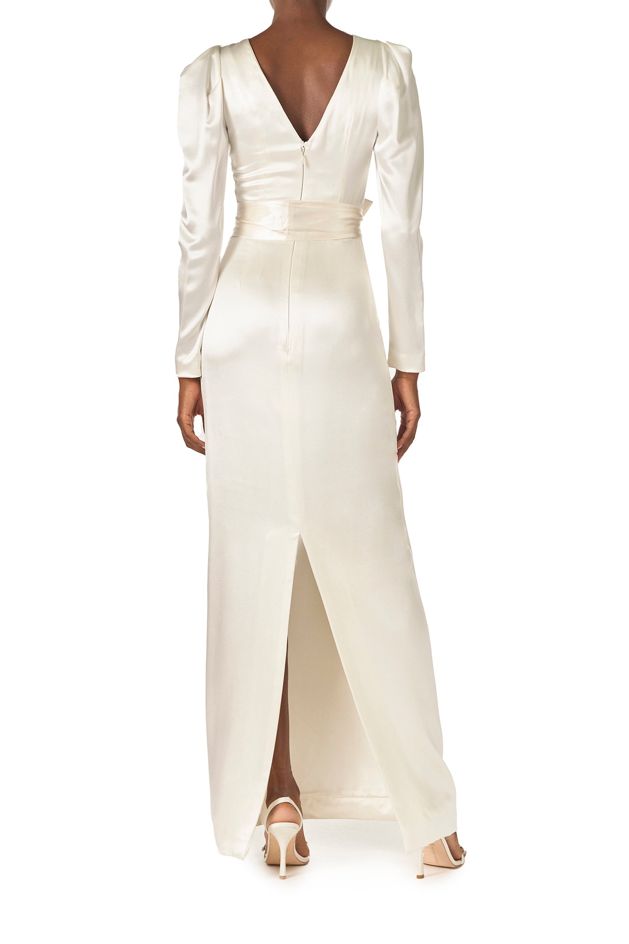 Monique Lhuillier Fall 2024 Long sleeve silk white satin gown with Bateau neckline, V-back and detached self-tie sash - back.