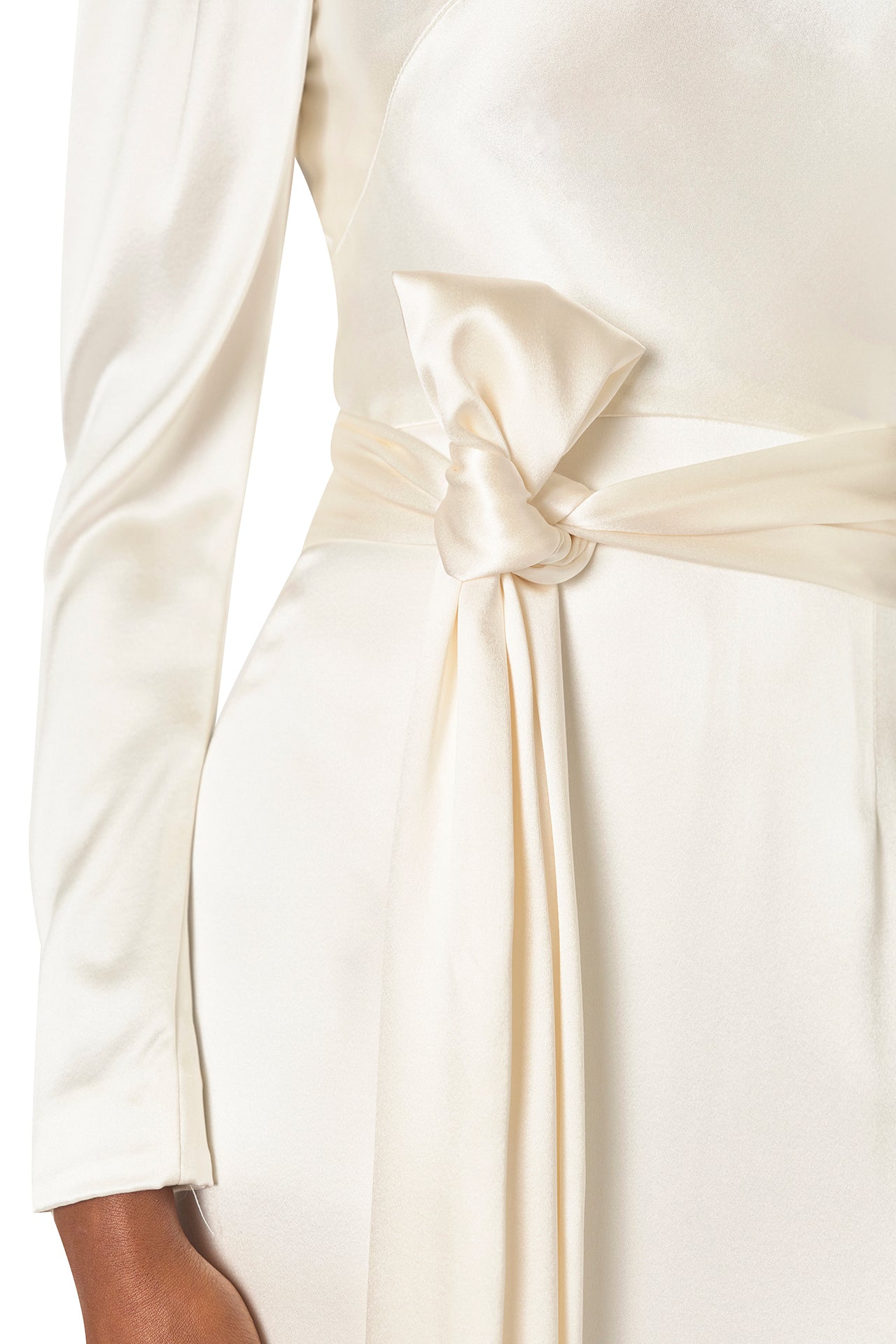 Monique Lhuillier Fall 2024 Long sleeve silk white satin gown with Bateau neckline, V-back and detached self-tie sash - tie detail.