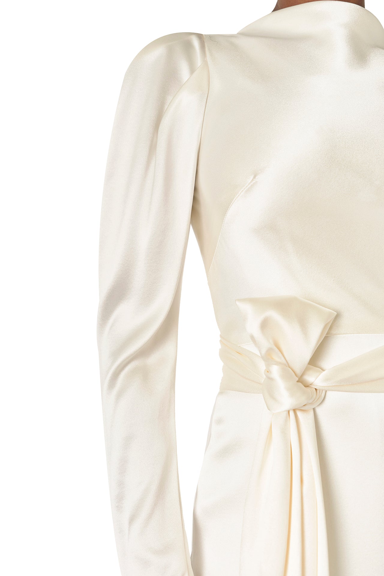 Monique Lhuillier Fall 2024 Long sleeve silk white satin gown with Bateau neckline, V-back and detached self-tie sash - fabric.