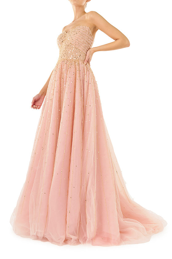 Monique Lhuillier strapless ballgown in rose colored tulle and gold embroidery.