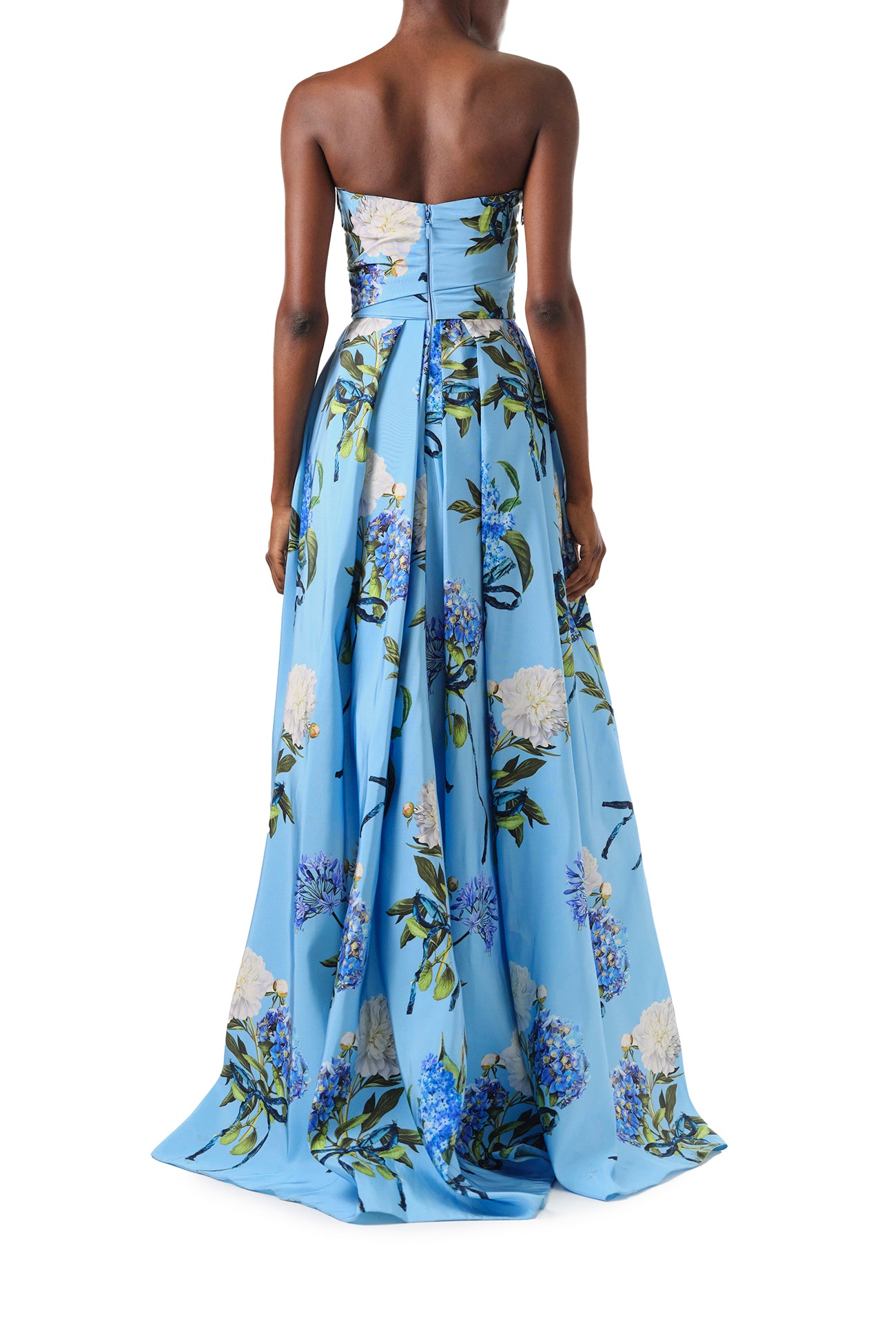 Monique Lhuillier Fall 2024 strapless, a-line gown with sweetheart neckline and high leg slit in Sky Blue Hydrangea printed silk faille - back.
