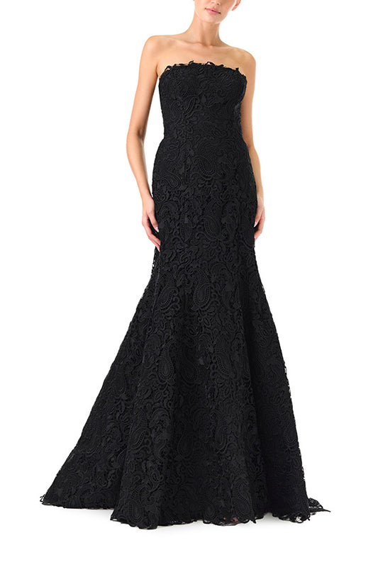 Monique Lhuillier strapless black lace mermaid gown  - front two.