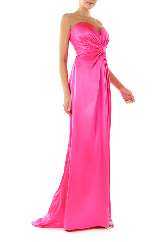 Monique Lhuillier fuchsia Strapless, crepe back satin evening gown with twist draped bodice.