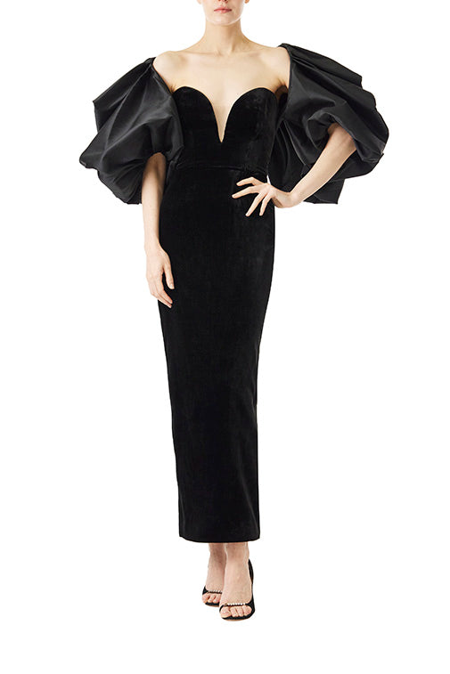 Monique Lhuillier black velvet strapless column dress with plunging, sweetheart neckline.