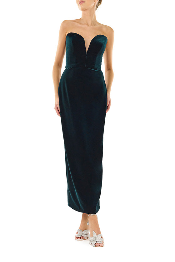 Monique Lhuillier dark teal strapless velvet cocktail dress with deep plunging sweetheart neckline.