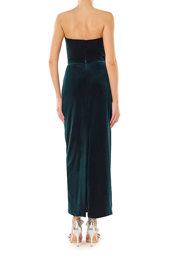 Monique Lhuillier dark teal strapless velvet cocktail dress with deep plunging sweetheart neckline.