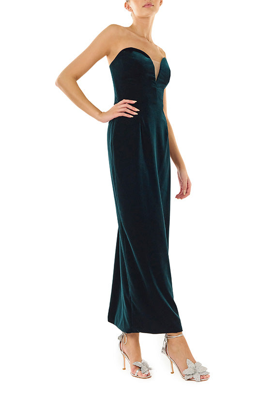 Monique Lhuillier dark teal strapless velvet cocktail dress with deep plunging sweetheart neckline.