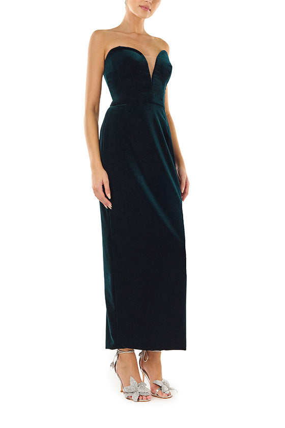 Monique Lhuillier dark teal strapless velvet cocktail dress with deep plunging sweetheart neckline.