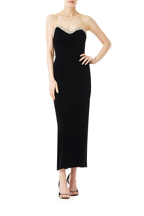 Monique Lhuillier black velvet strapless column dress with crystal embroidery at neckline.