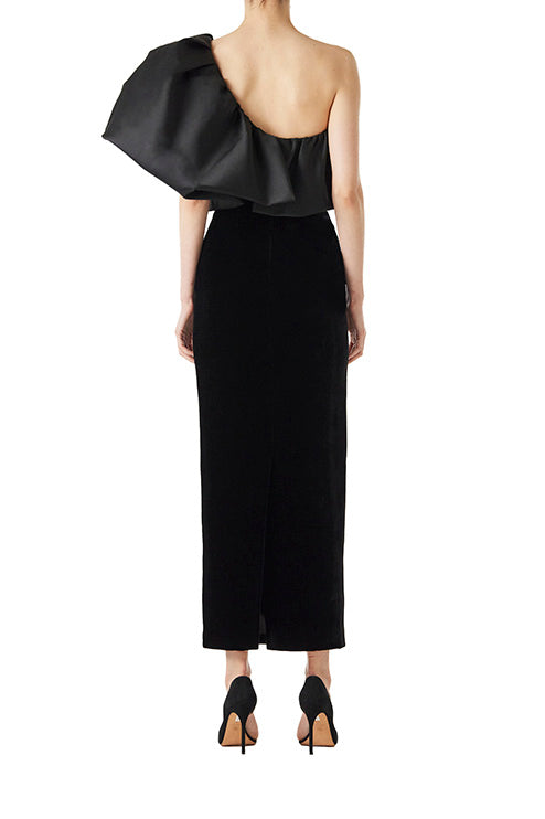 Monique Lhuillier noir velvet and mikado tea-length dress with sculptural one shoulder.