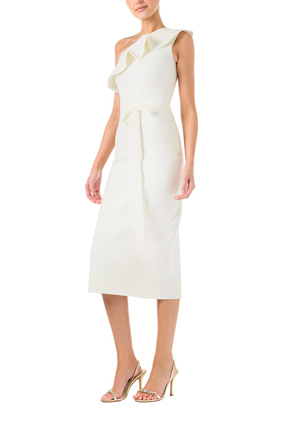 Monique Lhuillier Spring 2024 One Shoulder White Ruffle Knit Dress - left side.