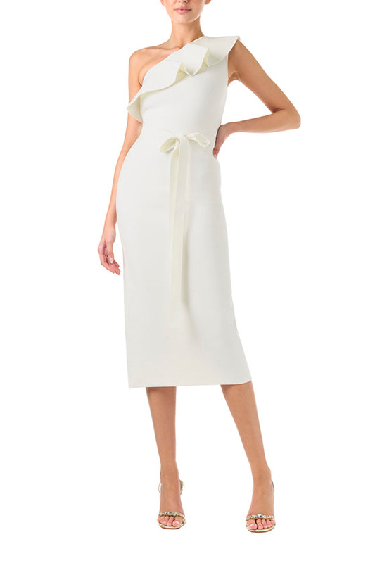 Monique Lhuillier Spring 2024 One Shoulder White Ruffle Knit Dress - front.